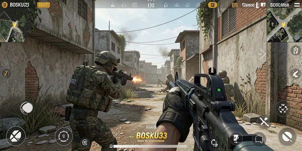 Screenshot utama menunjukkan aksi menembak intens di BOSKU33.