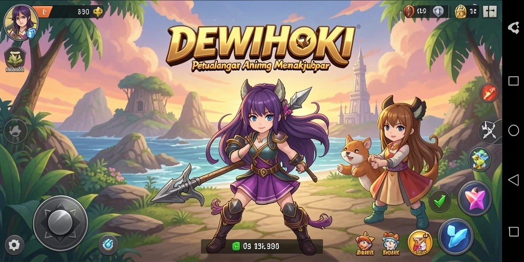 Tampilan utama gameplay DEWIHOKI yang menampilkan petualangan karakter anime.