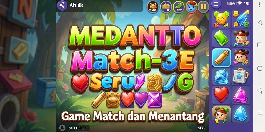 Screenshot gameplay MEDANTOTO yang menampilkan elemen Match-3 yang ceria.