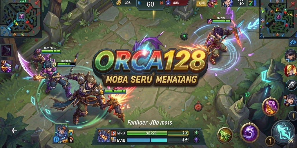 Screenshot gameplay ORCA128 menunjukkan pertempuran MOBA yang mendebarkan.