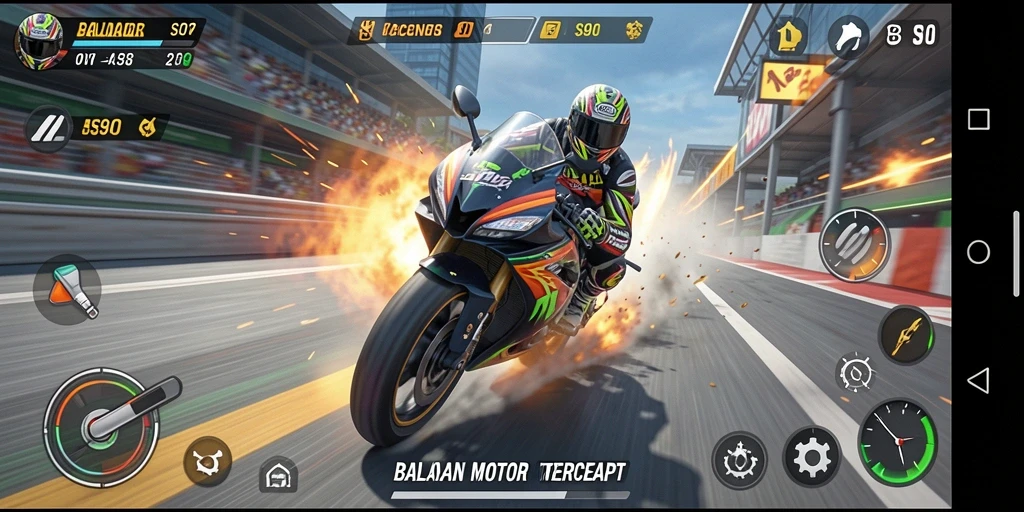 Screenshot S80 menampilkan aksi balapan motor yang mendebarkan.