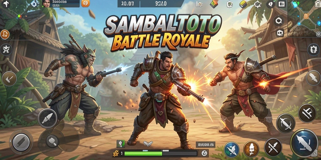 Screenshot gameplay SAMBALTOTO menampilkan pertempuran intens di arena Battle Royale.