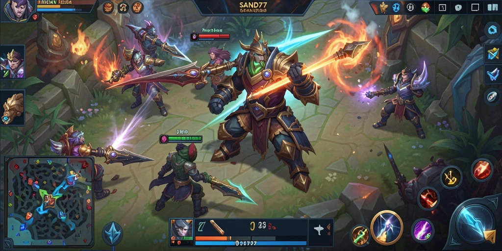 Tampilan seru gameplay dalam SAND77 dengan aksi MOBA yang intens.