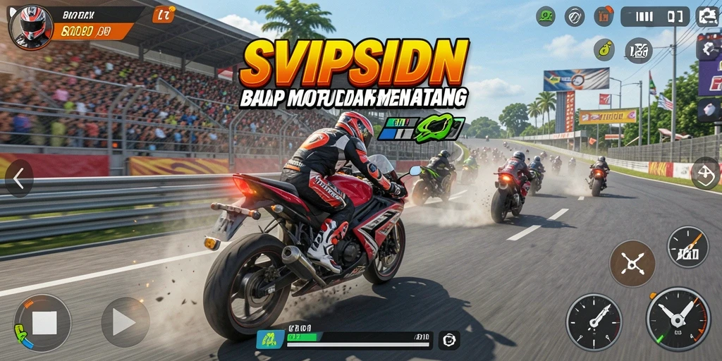 Screenshot gameplay seru dari SVIPSIDN menampilkan aksi balap motor yang mendebarkan.